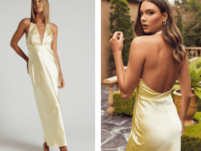 Showpo’s Prima Plunge Neck Satin Maxi Dress In Butter Yellow